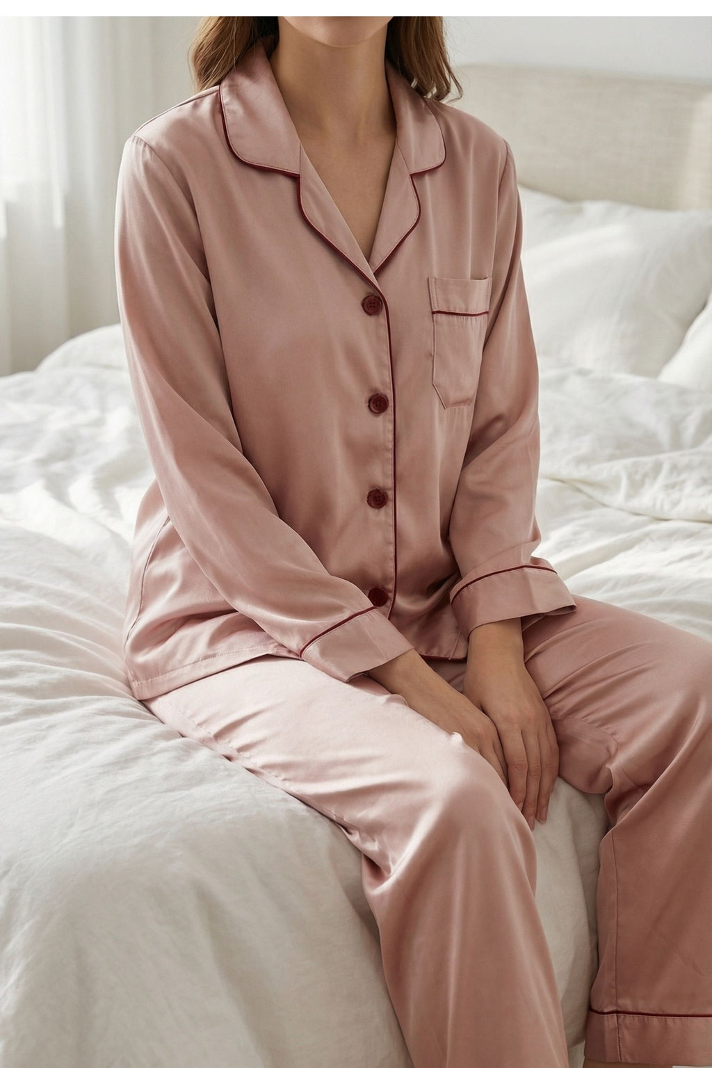 Pyjama en Soie de Mûrier avec Biais Contrasté Rose| Ensemble de Nuit Luxe