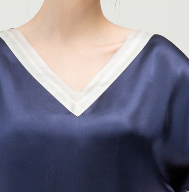 Nuisette en Soie de Mûrier avec Ceinture Bleu Marin - Manches Kimono Col V