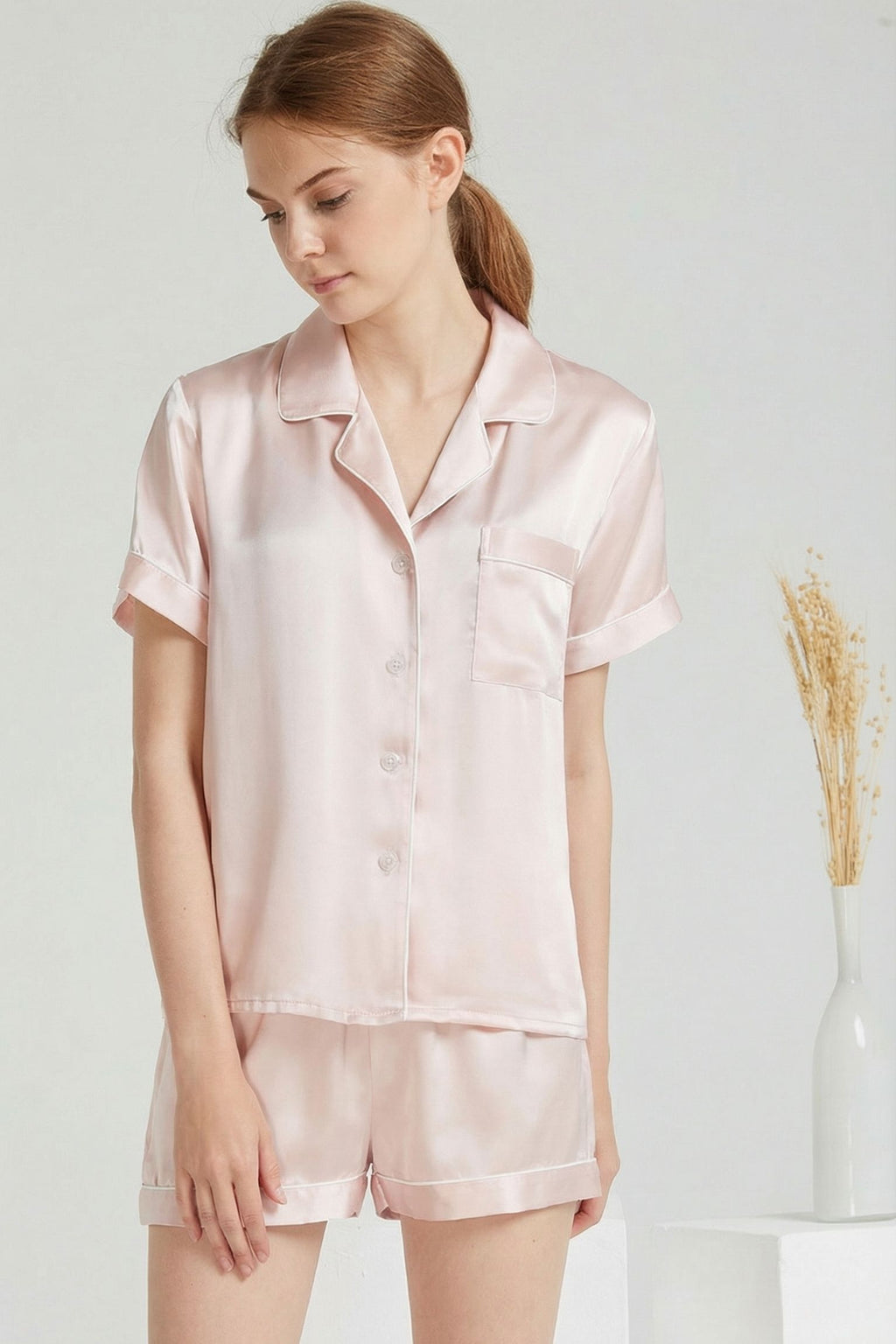 Pyjama Court en Soie de Mûrier – Ensemble Chemise et Short