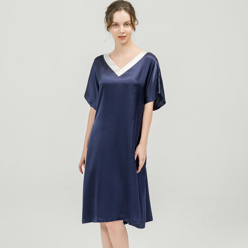 Nuisette en Soie de Mûrier avec Ceinture Bleu Marin - Manches Kimono Col V