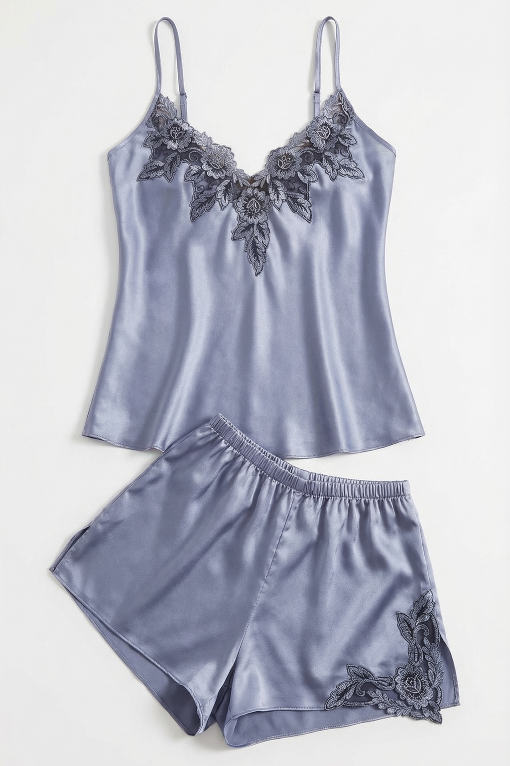 Ensemble Cami & Short en Soie de Mûrier avec Dentelle Florale Bleu